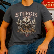 Sturgis 2025 Skull T-Shirt Black Hills Motorcycle Rally Biker Graphic Tee Men’s 