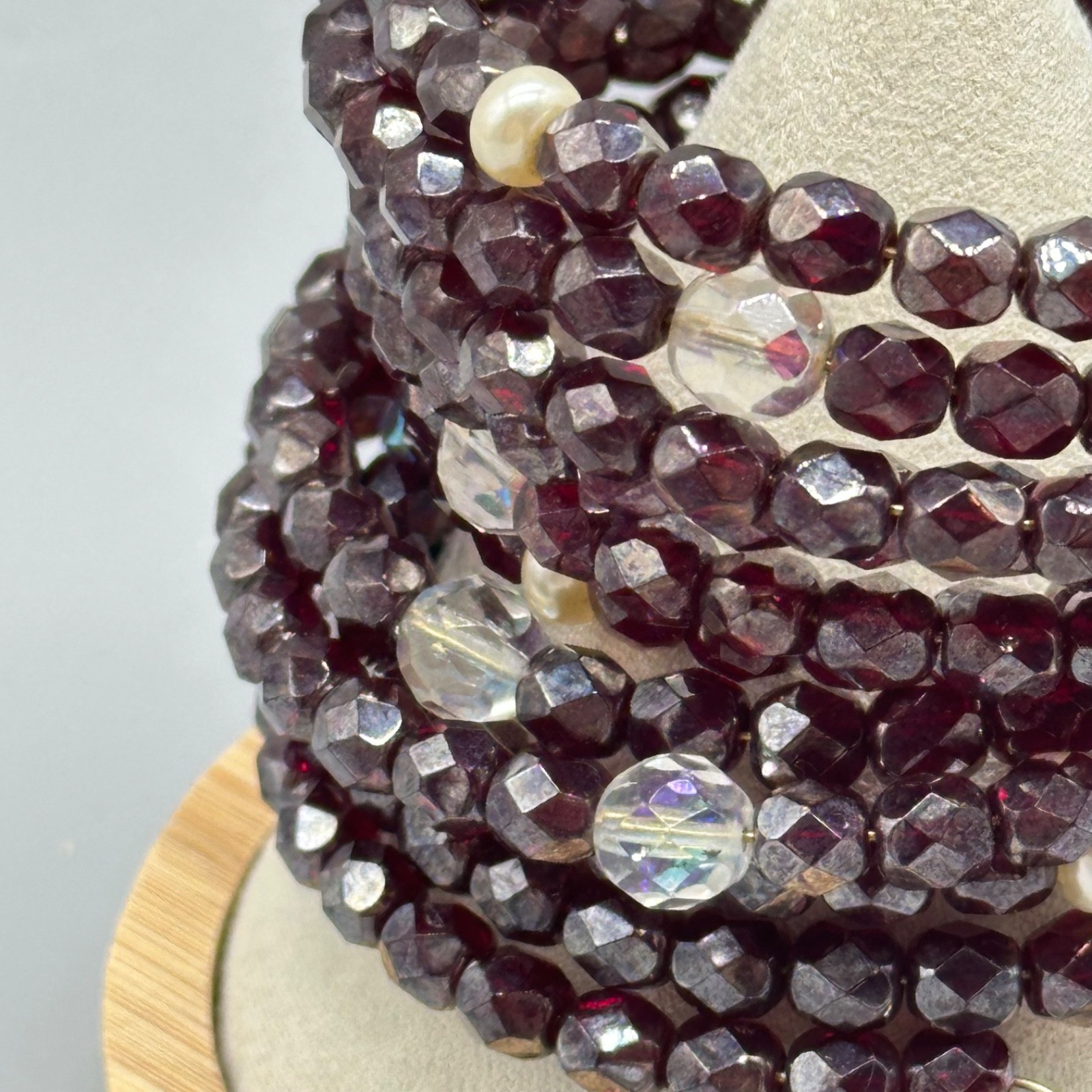 Beaded Ruby Pearl and Clear Wire Memory Bracelet … - image 3