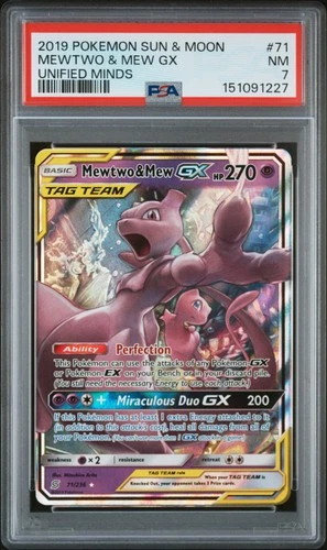 2019 POKEMON SUN & MOON UNIFIED MINDS #71 MEWTWO & MEW GX PSA 7