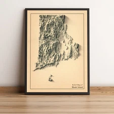 Rhode Island Map, Rhode Island 2D Relief Map - 2D Flat Print