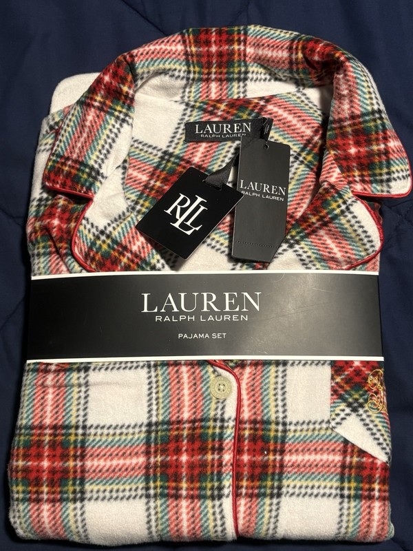 2 Piece NWT RALPH LAUREN Flannel Cream Red Plaid Notched-Collar Pajama Set Sz S