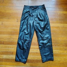 Vintage 80s Black Leather Pants Women  s Sz 10 Straight Leg High Waisted Trousers