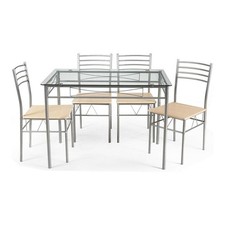 Pemberly Row 5-Pc Glass & Steel Dining Set with Table & 4 Chairs in Silver