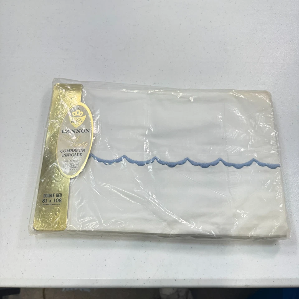 vintage cannon flat sheet double white scalloped cotton mcm retro 70s NOS - Image 2 of 4