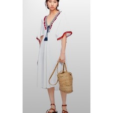 Zara Embroidered Bohemian Pom Pom Tassel Midi Dress White Size Medium