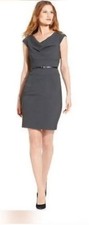 Calvin Klein womens Size 2 P Grey Oxford Dress belted sheath 