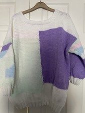 New Ladies Hand Knitted Reversible Pastel Striped Jumper Size L