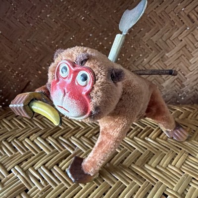 1940s Vintage  Wind Up Monkey Banana Tin Toy Cloth Plush Antique Clockwork Rare