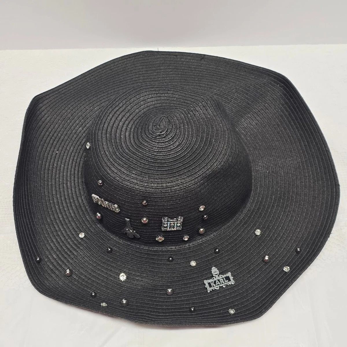 Karl Lagerfeld Black Paper Blend Wide Brim Sun Hat Pin & Stud Accents OS NWT Signature scarf sun hat | Black | Women | KARL LAGERFELD NL main image 2