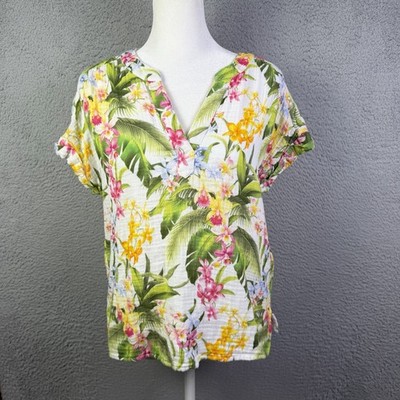 Tommy Bahama Island Soft Top Womens XS Multicolor Floral V Neck Tropical Cotton