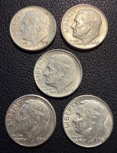 LOT X 5 AU Roosevelt Dimes 1964-D 90% FINE Silver Stacker Coin Collector #103