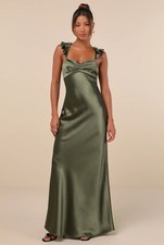Lulus Exuberant Luxury Olive Green Satin Ruffled Lace-Up Maxi Dress Size M