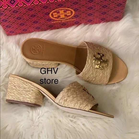 Tory Burch Everly 55mm Leather Heel Block Sandal- Raffia Material