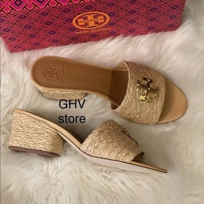 Tory Burch Everly 55mm Leather Heel Block Sandal- Raffia Material