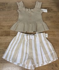 Janie Jack Mocha Coffee Peplum Ruffle Sweater Striped Shorts Set 18-24mos.