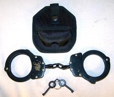 HEAVY DUTY BLACK CHAIN POLICE SECURITY HANDCUFFS W CASE  KEYS double lock NEW