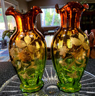 2 Antique c1880 VICTORIAN RUBENA VERDE ART GLASS TABLE VASES Amethyst Green GOLD