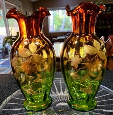 2 Antique c1880 VICTORIAN RUBENA VERDE ART GLASS TABLE VASES Amethyst Green GOLD