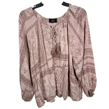 Vici Top Blouse Small Pink Floral Button Tasseled Peasant Boho Rayon Cottagecore