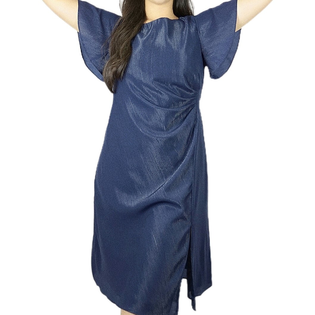 Shiny Tinsel Silk Short Dress, Vent Sleeves. A-Line, Front Slit Dark Blue  Sack. | eBay