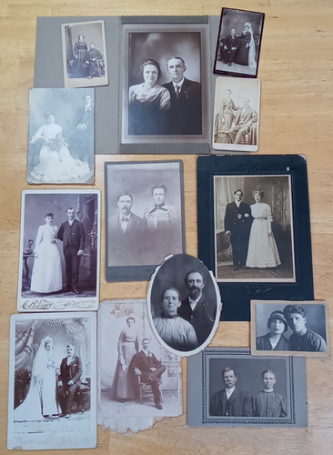 Lot of 13 cabinet cards of couples, wedding portraits B&W, sepia mixed sizes