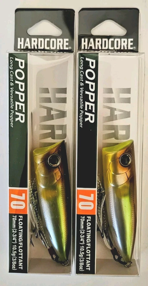 (Juego de 2) Señuelos Duel Hardcore Popper 70F Topwater 3/8oz 2-3/4" Metálicos Ght Ayu Foto 3 de 4