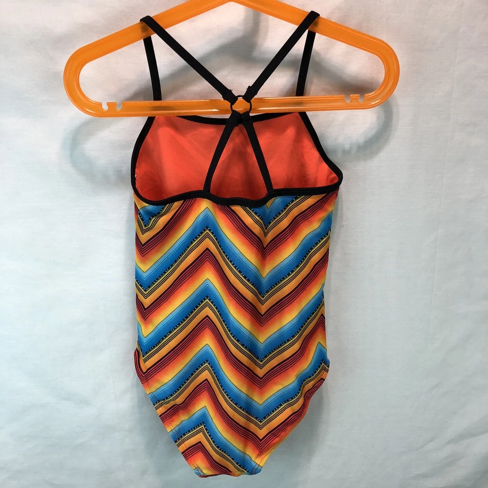 Traje de baño Joe Boxer de una pieza rojo naranja azul a rayas espalda deportiva niñas 6X CCC20 Foto 2 de 4