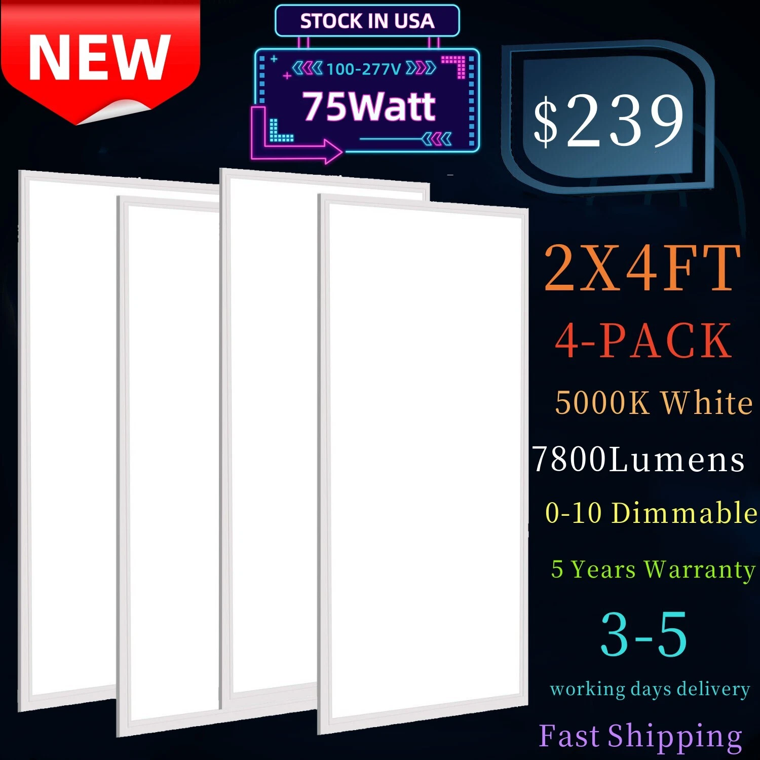 75W 2x4Ft LED Panel Light Drop Ceiling Recessed Troffer Fixture Dimmable 0-10v