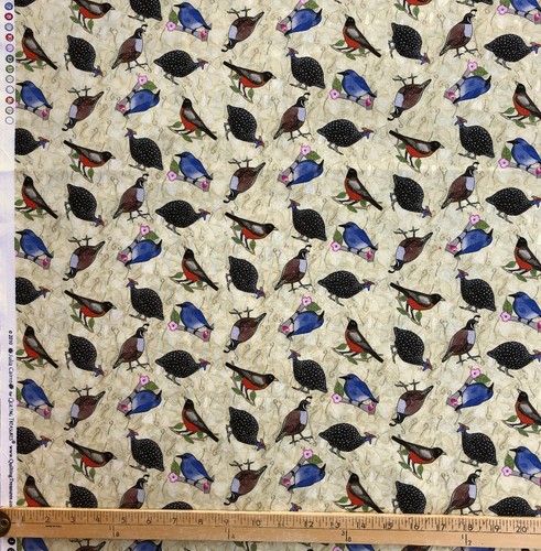 SALE! birds bluebird robin multi marbled light gold prewashed 100% cotton bty - Picture 3 of 5