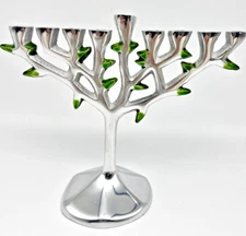 2013 Chanukah Menorah Tree of Life Aluminum Silver Tone 8" X 7.5" Green Leaves