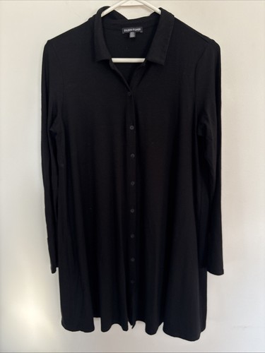 Eileen Fisher Top Damen Gr. M schwarz Kragen Knopfleiste L/S Tunika Capsule klassisch