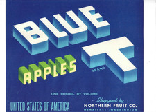 Vintage - Blue T Brand Washington Apples 1 Buschel Label - UNUSED
