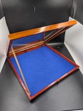 Wooden Tabletop Display Case Glazed Glass Top Lid Blue Baize Felt Lining 43cm