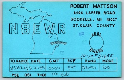1989 QSL Card N8EWR GoOdells MI Robert Mattson Amateur Radio W5MZM A400