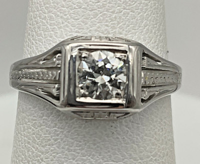 18K White .40ct Old Mine Cut Natural Diamond Vintage Art Deco Ring