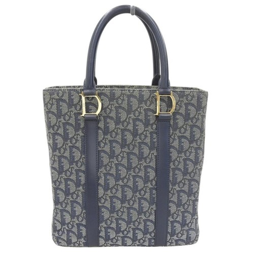 Christian Dior Trotter Navy Canvas Leather Tote Bag BOBO111 Auth