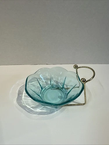 Anchor Hocking Chip Dip Glass Bowl Aquamarine Aqua Swedish Pattern & Clip
