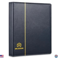 MUDOR Premium PU Classic 4-Ring Binder Album for Stamps, Coins, Documents - Blue