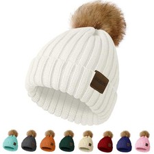 Womens Winter Knitted Beanie Hat with Faux Fur Pom Beanie Warm Knit 1 White