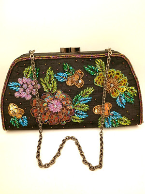 Talbots Black Fabric Purse w/ Multicolor Sequined Flowers Kiss Lock Chain Handle