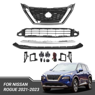 11PCS Front Grille Kit Valance Bumper Molding Fog Lights For 21-23 Nissan Rogue