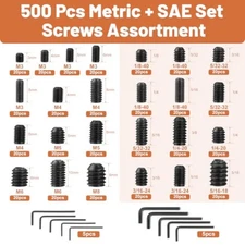 500 Pcs 25 Size Set Screws Metric&SAE Set Screw Assortment Kit 12.9 Alloy Ste...
