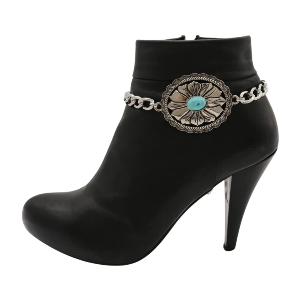 Women 2PCS Silver Metal Boot Chain Bracelet Shoe Anklets Flower Charm Turquoise - Imagem 2 de 4