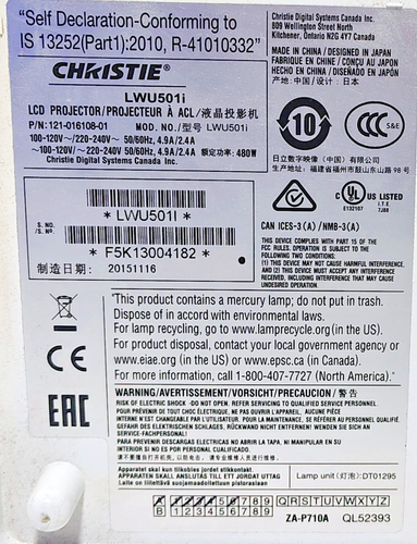 Christie LWU501I 3LCD WUXGA 5,000 Lumens Projector Lamp Hours 4340 - Picture 7 of 17