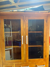 Brown Wood & Glass Display Cabinet, Freestanding, 4 Doors, 3 Drawers, 2 Shelves