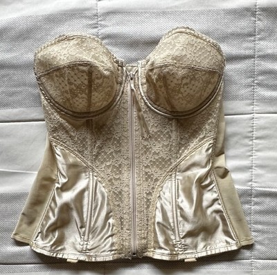 VTG 80s Lady Marlene 986 Bustier Corset Bra 36D Cream Lace Coquette Bridal Zip