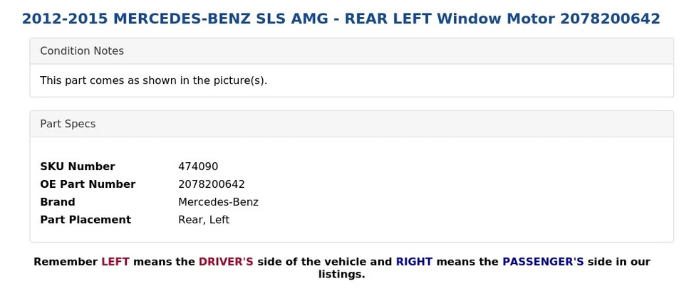 Mercedes-Benz SLS AMG 2012-2015 - Motor ventana trasera izquierda 2078200642 Foto 4 de 4