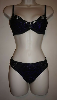 Agent Provocateur Rudy bra & thong set black with rich purple 32B 32C 34B NWT
