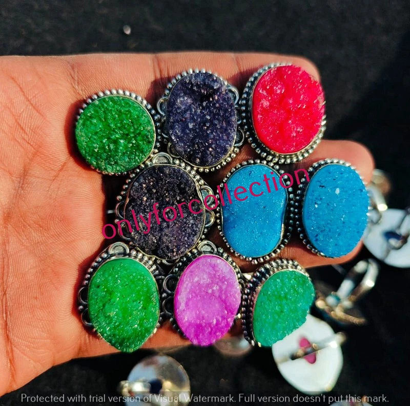 Lote de 10 anillos de diseño enchapados en plata de ley 925 piedras preciosas druzy de titanio de invierno Foto 3 de 4