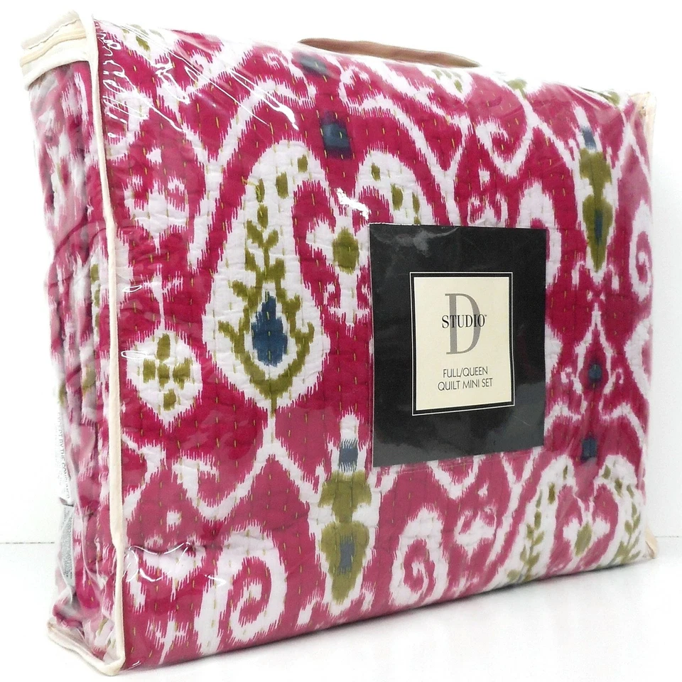 Paisley Floral Ikat QUEEN Quilt Set 3pc STUDIO D NEW PINK LIME BLUE WHITE COTTON - Image 4 of 4